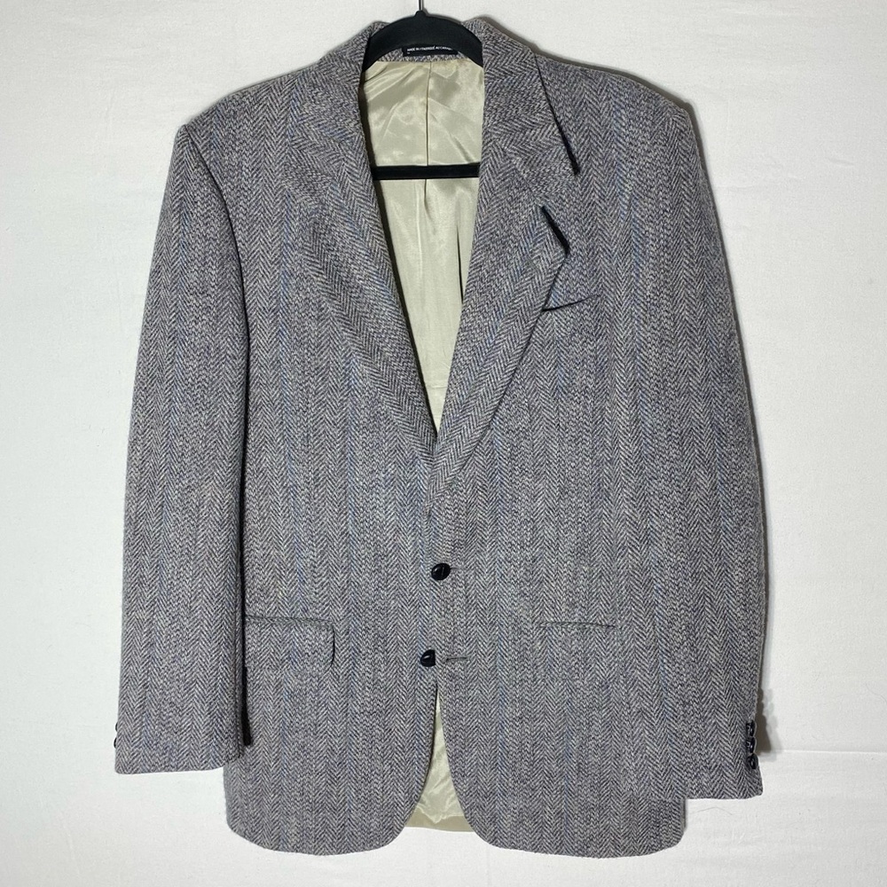 Vintage Harris Tweed Moores Classic Grey Herringbone Wool Blazer 38L Academia